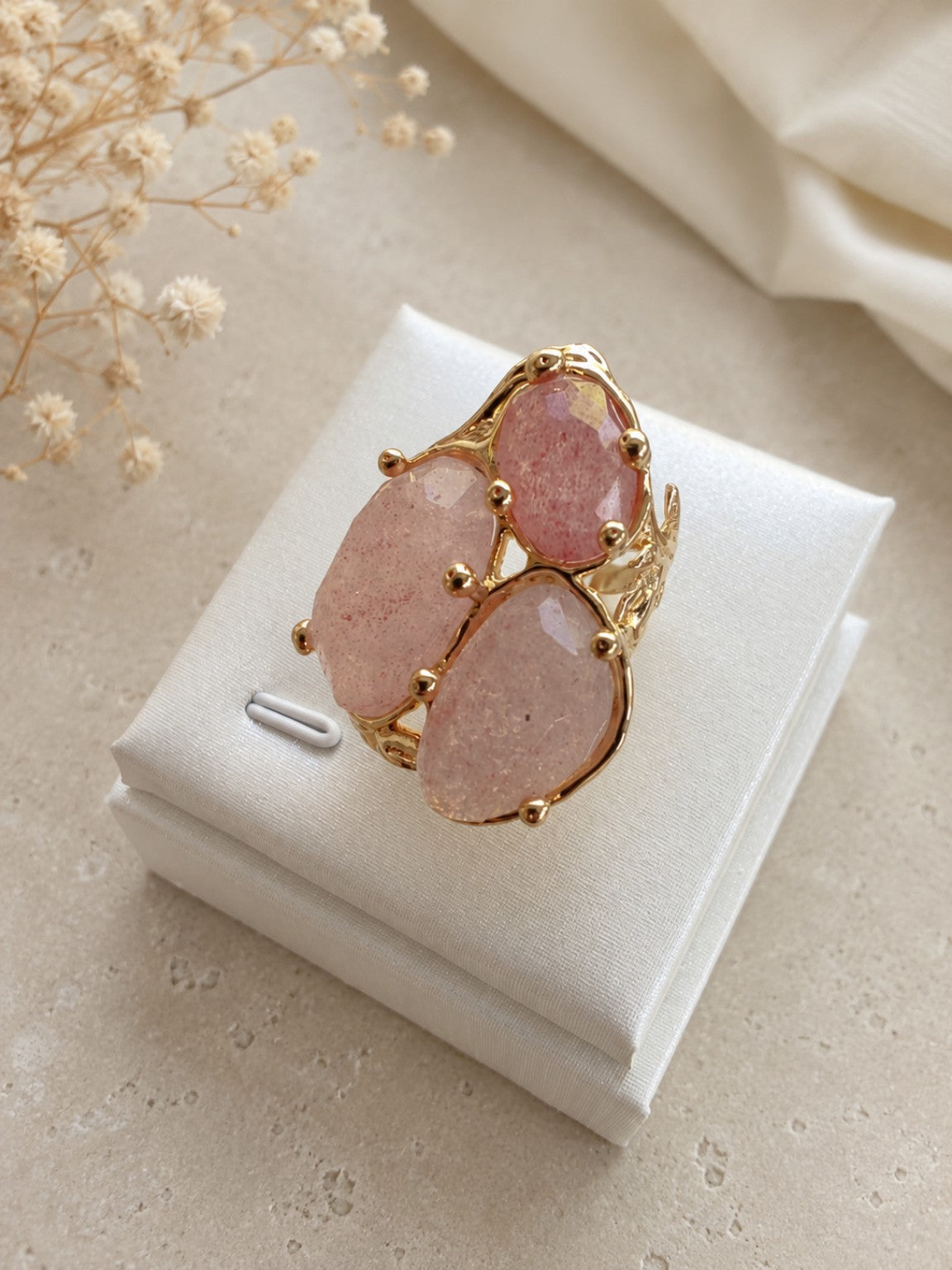 Anello Regolabile in Quarzo Rosa Fragola