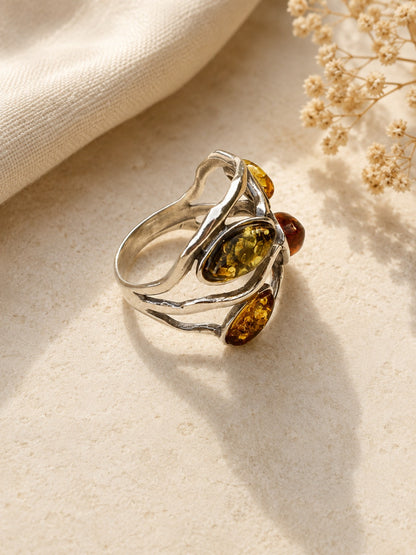 Anello a fascia in Argento 925 con Ambra Baltica Multicolore