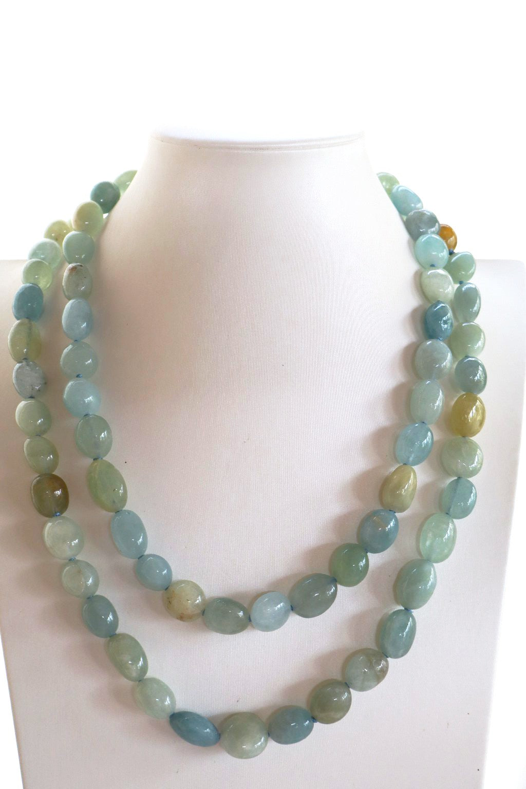 Collana lunga  in Acquamarina Multi color-Pietre burattate a Oliva