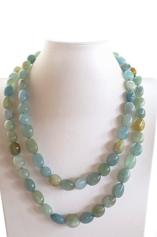 Collana lunga  in Acquamarina Multi color-Pietre burattate a Oliva
