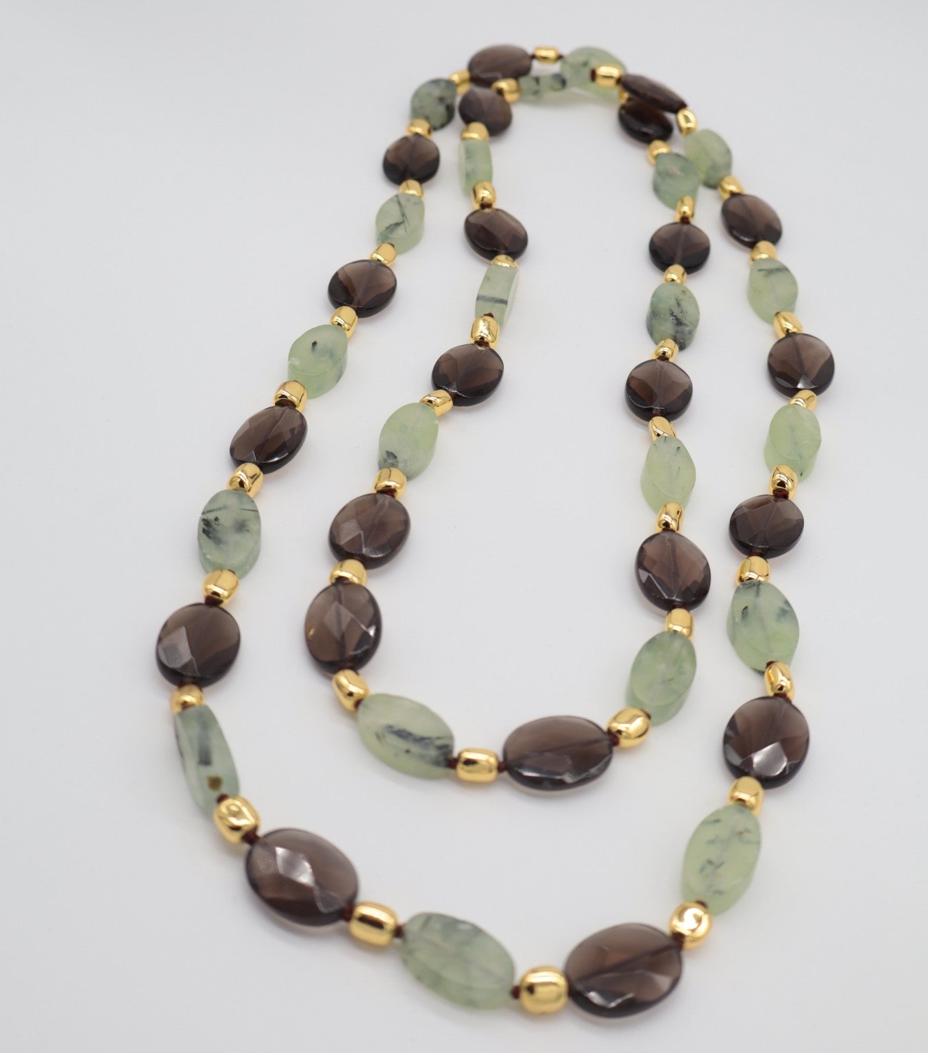 Collana lunga 120 cm in Quarzo Fumé e Prehnite naturale