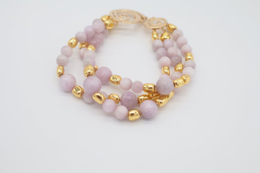 Bracciale Multi filo in Kunzite Naturale – 3 Fili con Chiusura a Spirale