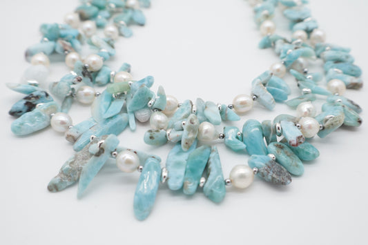 Collana Multi filo Larimar e Perle Naturali –
