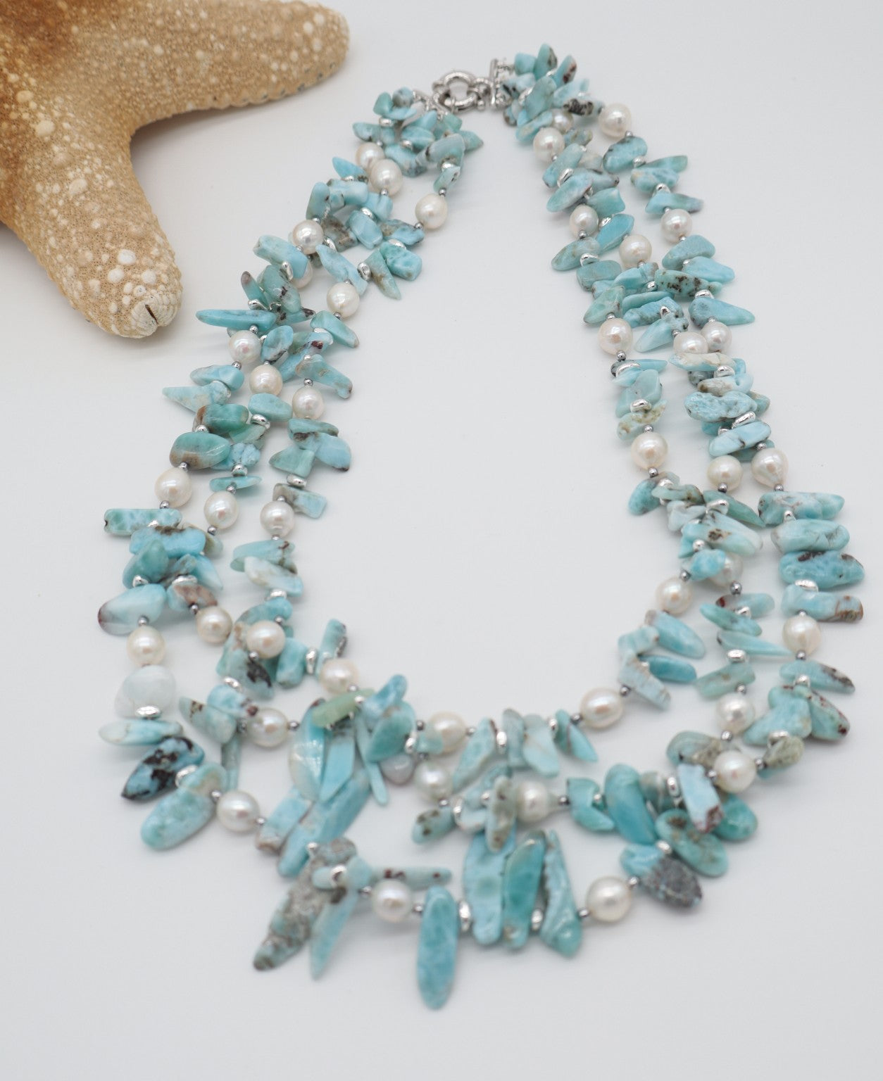 Collana Multi filo Larimar e Perle Naturali – Argento 925