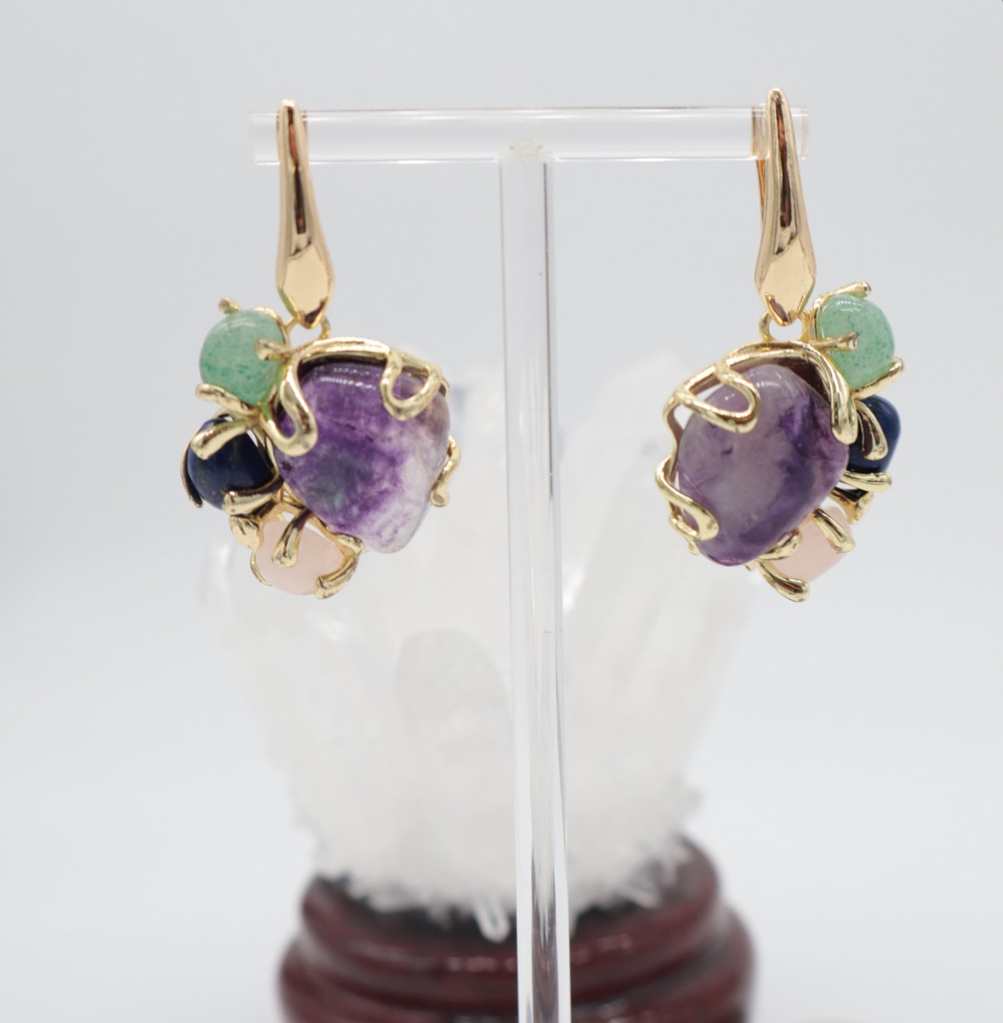 Orecchini a Grappolo in Fluorite Viola e Mix di Quarzi