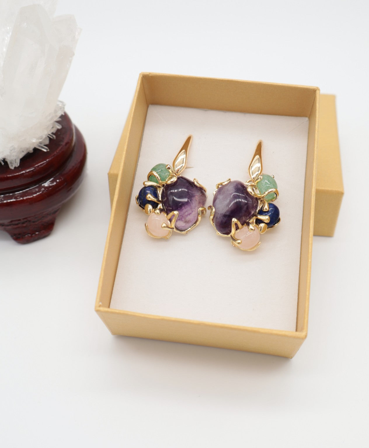 Orecchini a Grappolo in Fluorite Viola e Mix di Quarzi