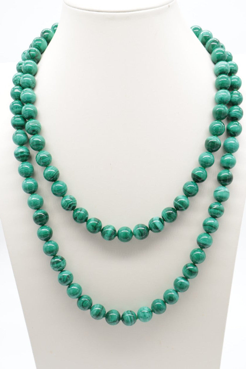 Collana Annodata in Malachite Naturale – Sfere 14 mm – 120 cm