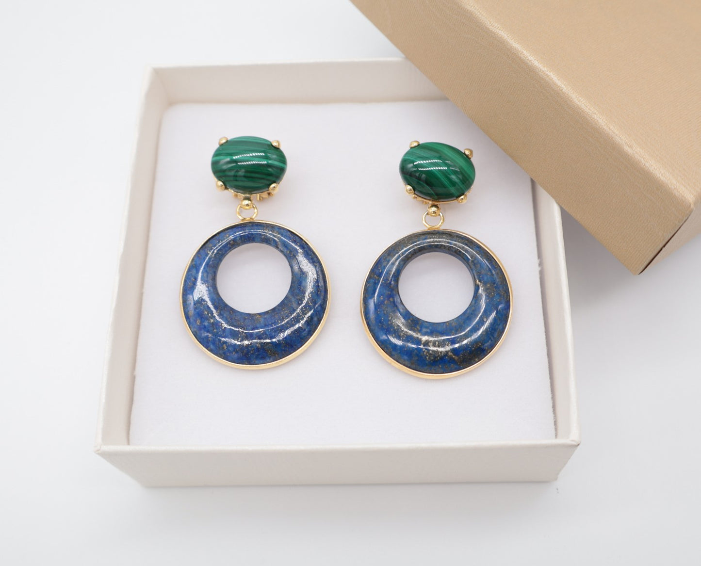 Orecchini in Argento 925 Dorato con Malachite e Creole in Lapislazzuli Naturale