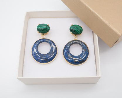 Boucles d'oreilles en argent 925 doré avec malachite et créoles en lapis-lazuli naturel