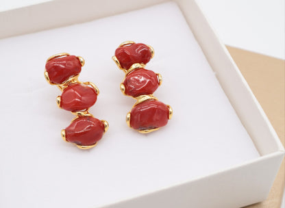 Orecchini in Argento 925 Dorato con Corallo Naturale – Cabochon Multipli