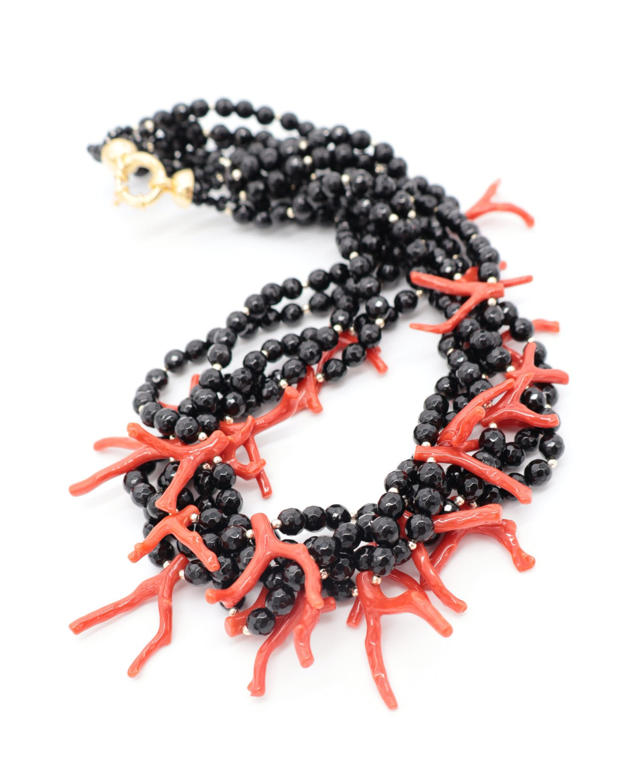 Collana Multifilo in Agata Nera Naturale e Corallo Naturale – 5 Fili – Chiusura in Argento 925 Dorato