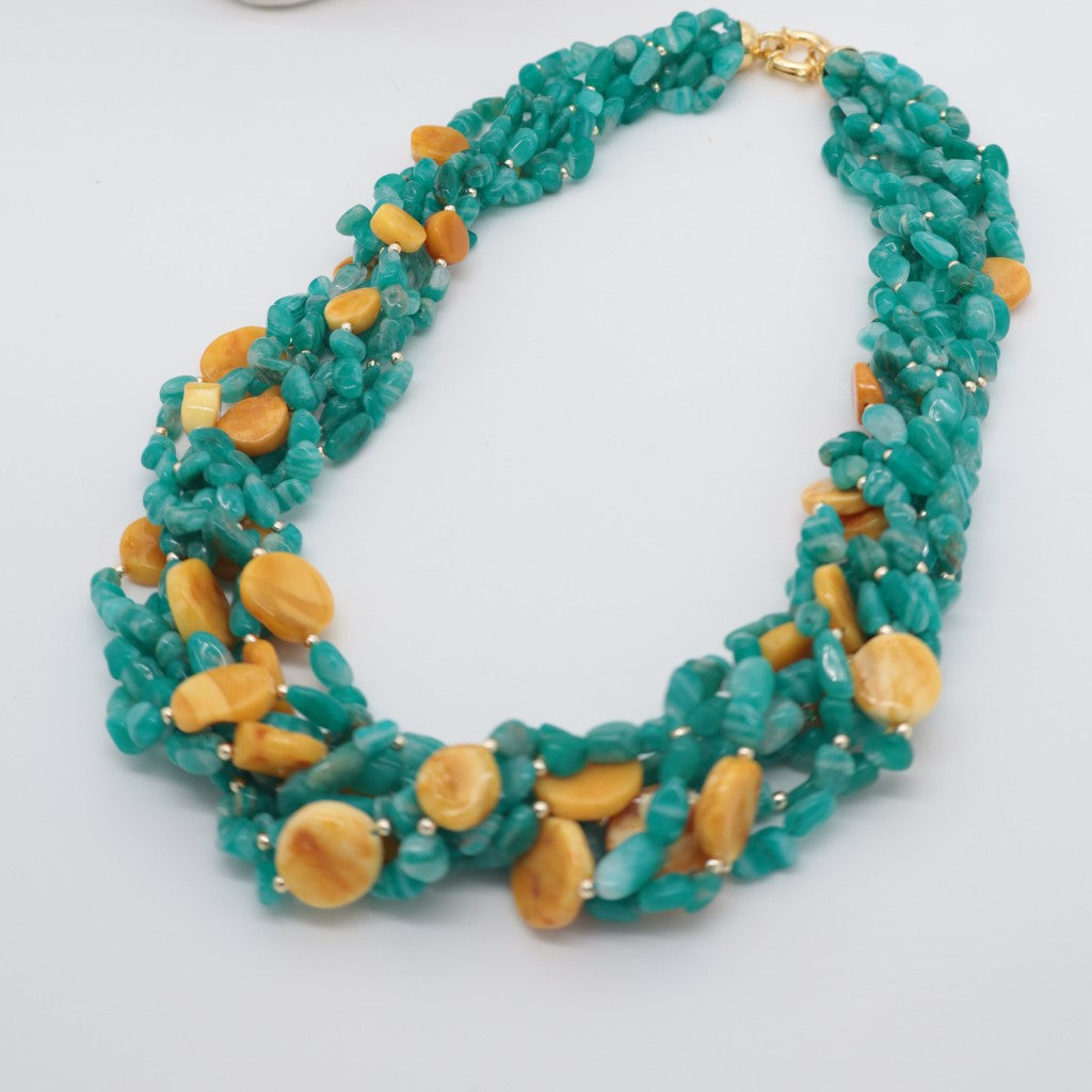 Collana Prestige multifilo in Amazzonite e Ambra Baltica naturale –