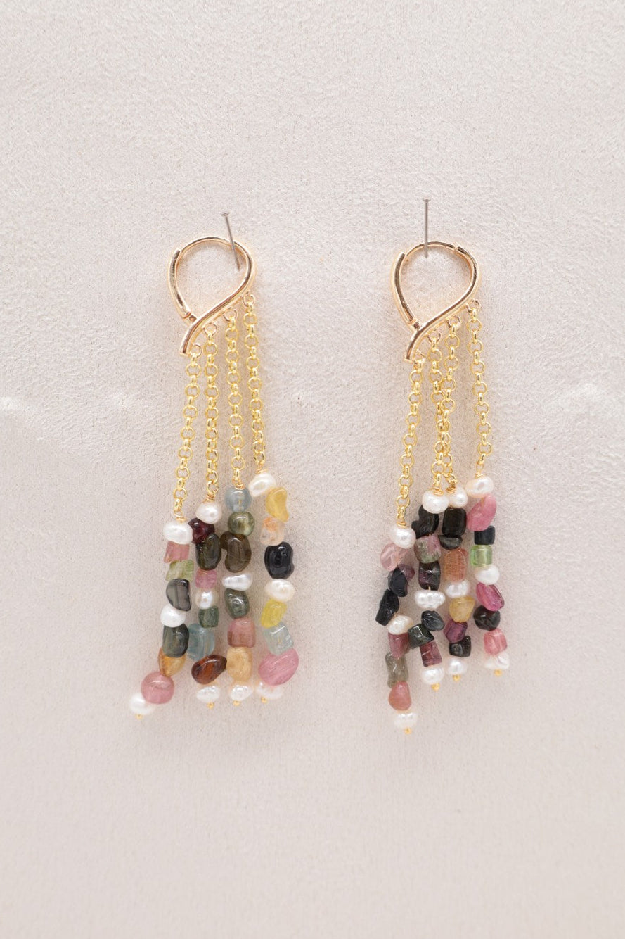 Orecchini a Cascata con Tormalina Multicolor e Perle Naturali – Bronzo Dorato