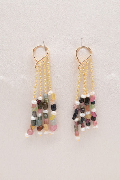 Orecchini a Cascata con Tormalina Multicolor e Perle Naturali – Bronzo Dorato