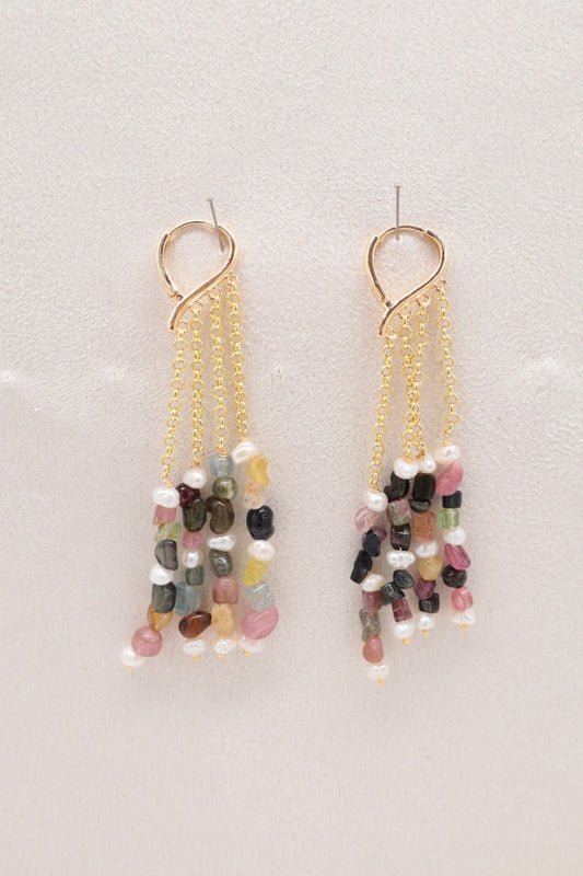 Orecchini a Cascata con Tormalina Multicolor e Perle Naturali – Bronzo Dorato