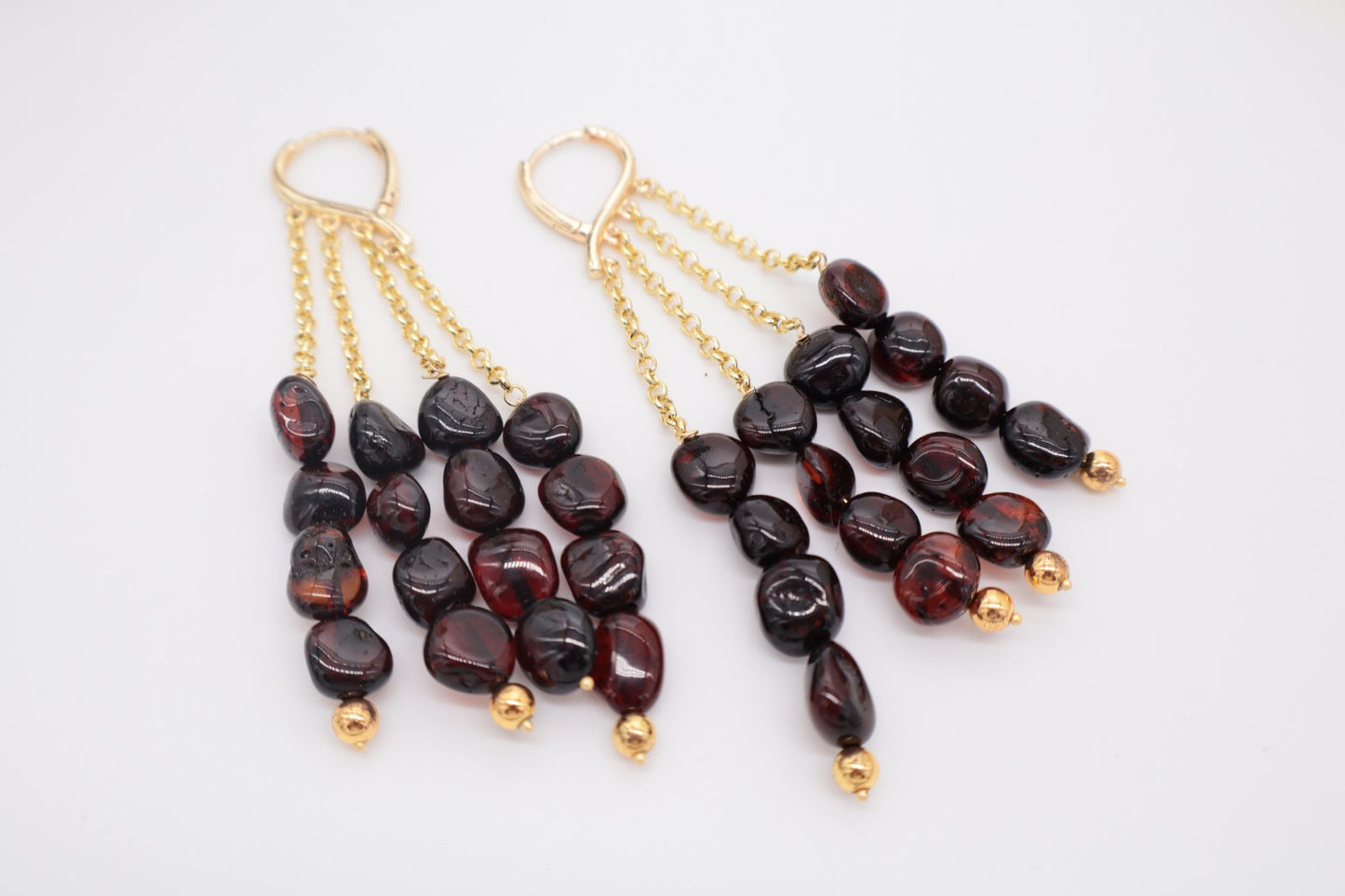 Orecchini a Cascata in Ambra Baltica Cognac Naturale – Bronzo Dorato