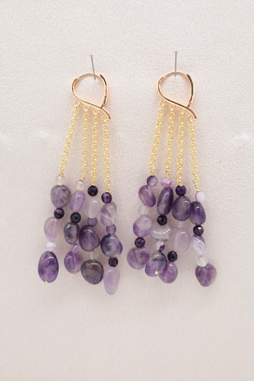 Orecchini a cascata in Ametista e Agata Viola Striata – Bronzo dorato