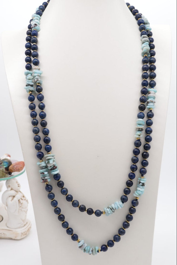 Collana Nereide in Lapislazzuli e Larimar Naturali 160 cm – Collezione Prestige