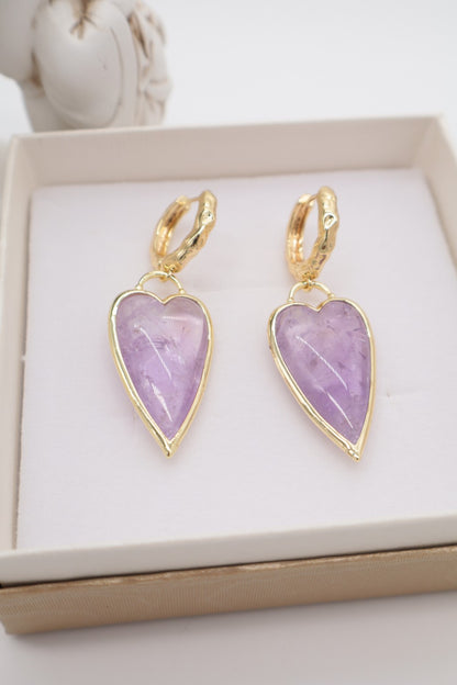 Boucles d'oreilles cœur en améthyste lavande