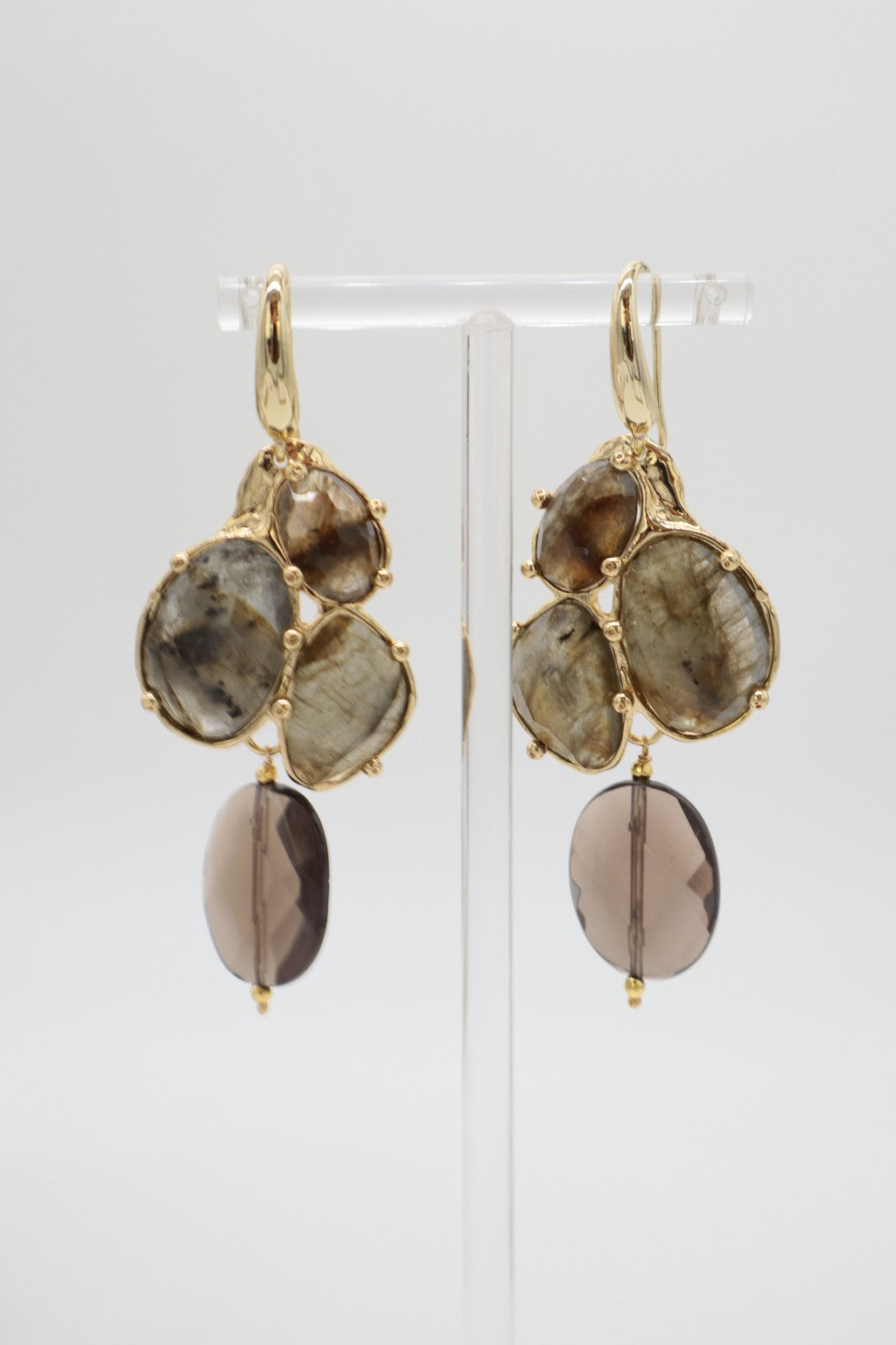 Orecchini a Grappolo in Labradorite Sfaccettata e Quarzo Fumé