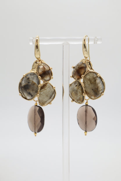 Orecchini a Grappolo in Labradorite Sfaccettata e Quarzo Fumé