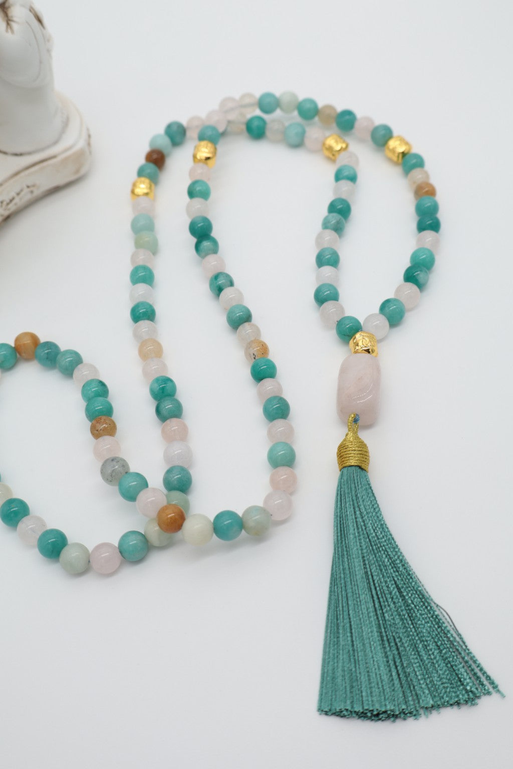 Mala Dolcezza in Amazzonite e Quarzo Rosa con Buddha dorato