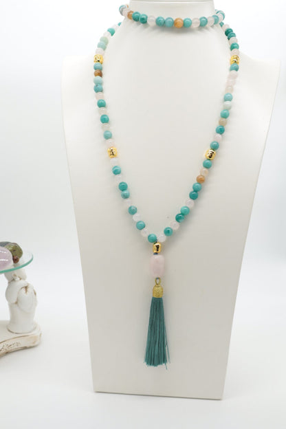 Mala Douceur en amazonite et quartz rose avec Bouddha doré