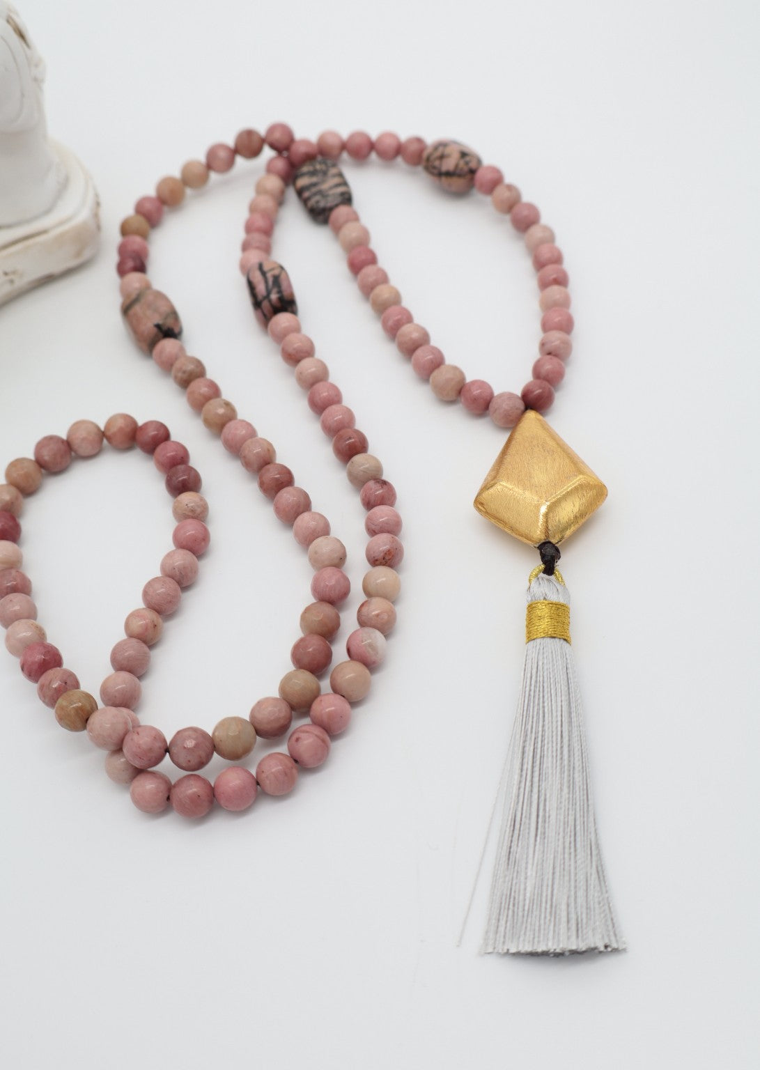 Mala Equilibrio in Rodonite Naturale 8 mm con Elemento Geometrico Dorato