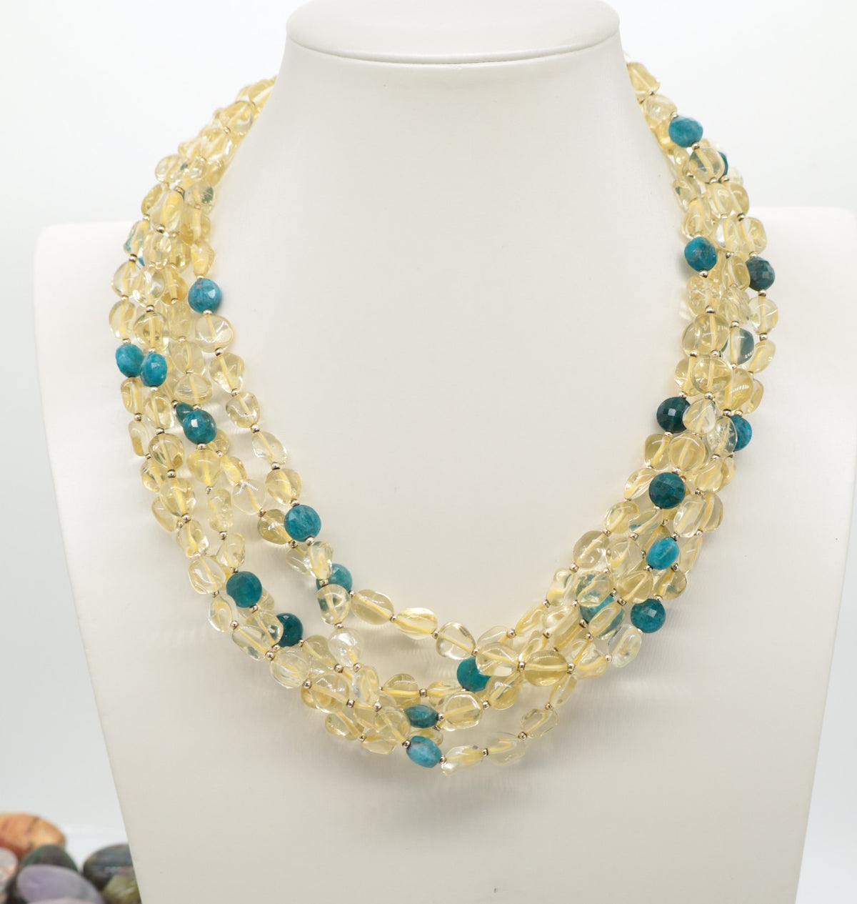 Collana Multifilo Quarzo Citrino e Apatite Blu, Chiusura: argento dorato