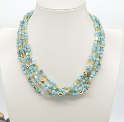 Collana Multifilo in Larimar e Opale Giallo,  Chiusura in argento