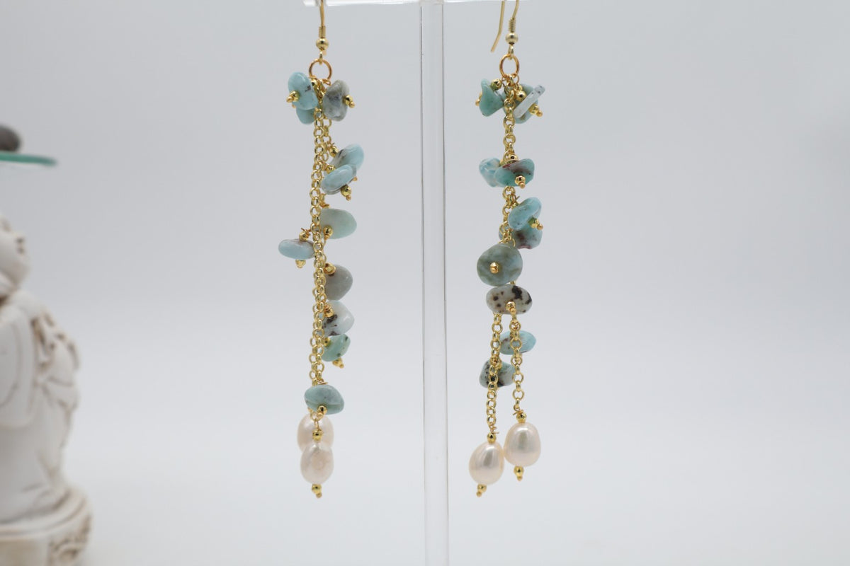 Orecchini Pendenti Larimar e Perle di Fiume – Artigianali