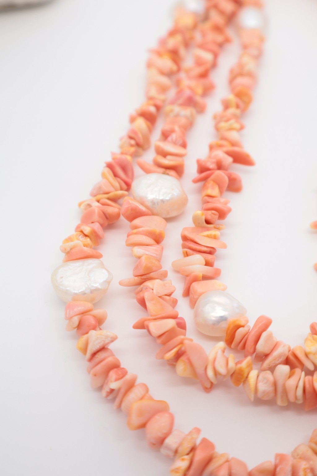 Collana Lunga 120 cm in Corallo Bambù Rosa e Perle di Fiume