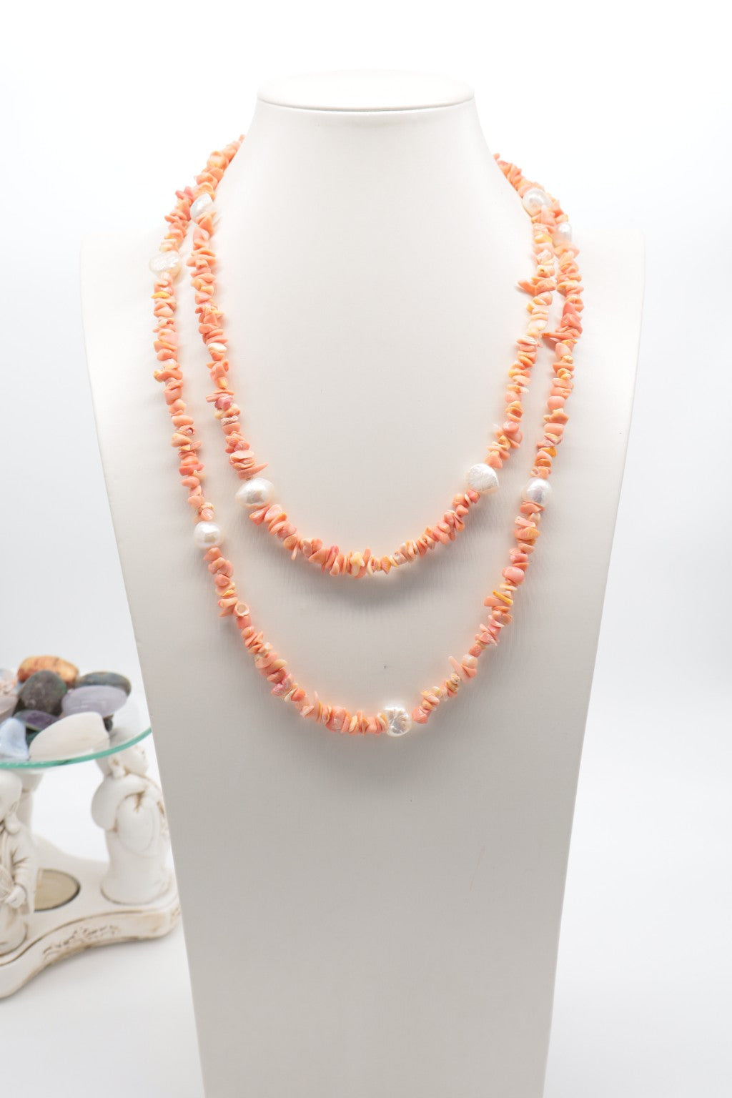 Collana Lunga 120 cm in Corallo Bambù Rosa e Perle di Fiume