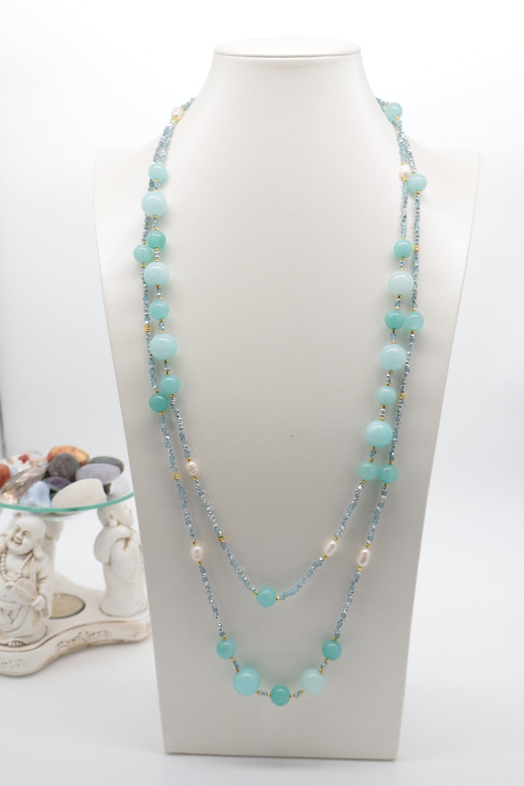 Collana Lunga 160 cm in Giada Celeste, Amazzonite e Perle di Fiume