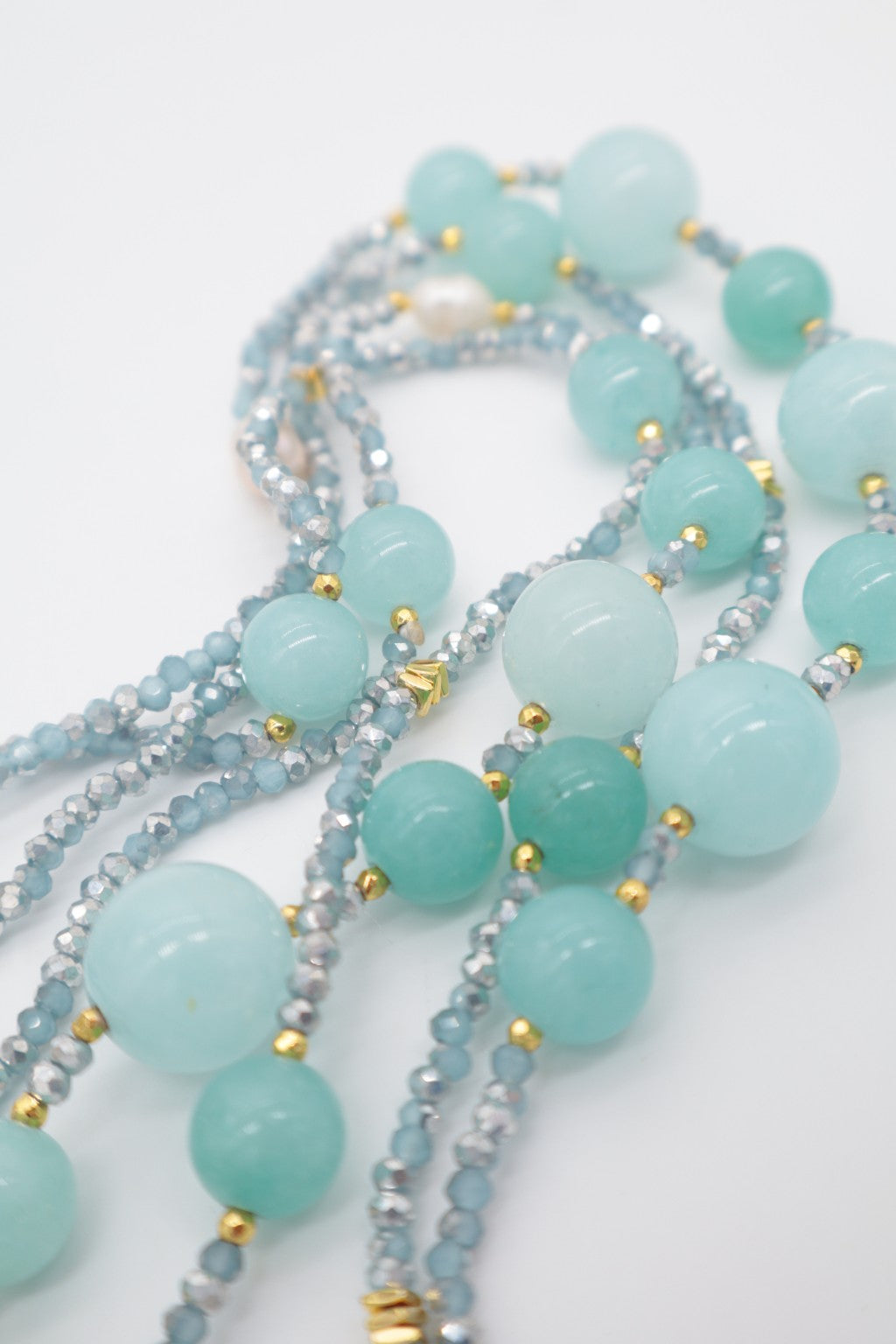 Collana Lunga 160 cm in Giada Celeste, Amazzonite e Perle di Fiume
