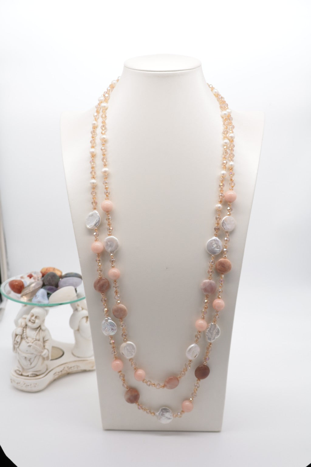 Collana Componibile 2 Fili – Giada Rosa, Perle e Cristalli