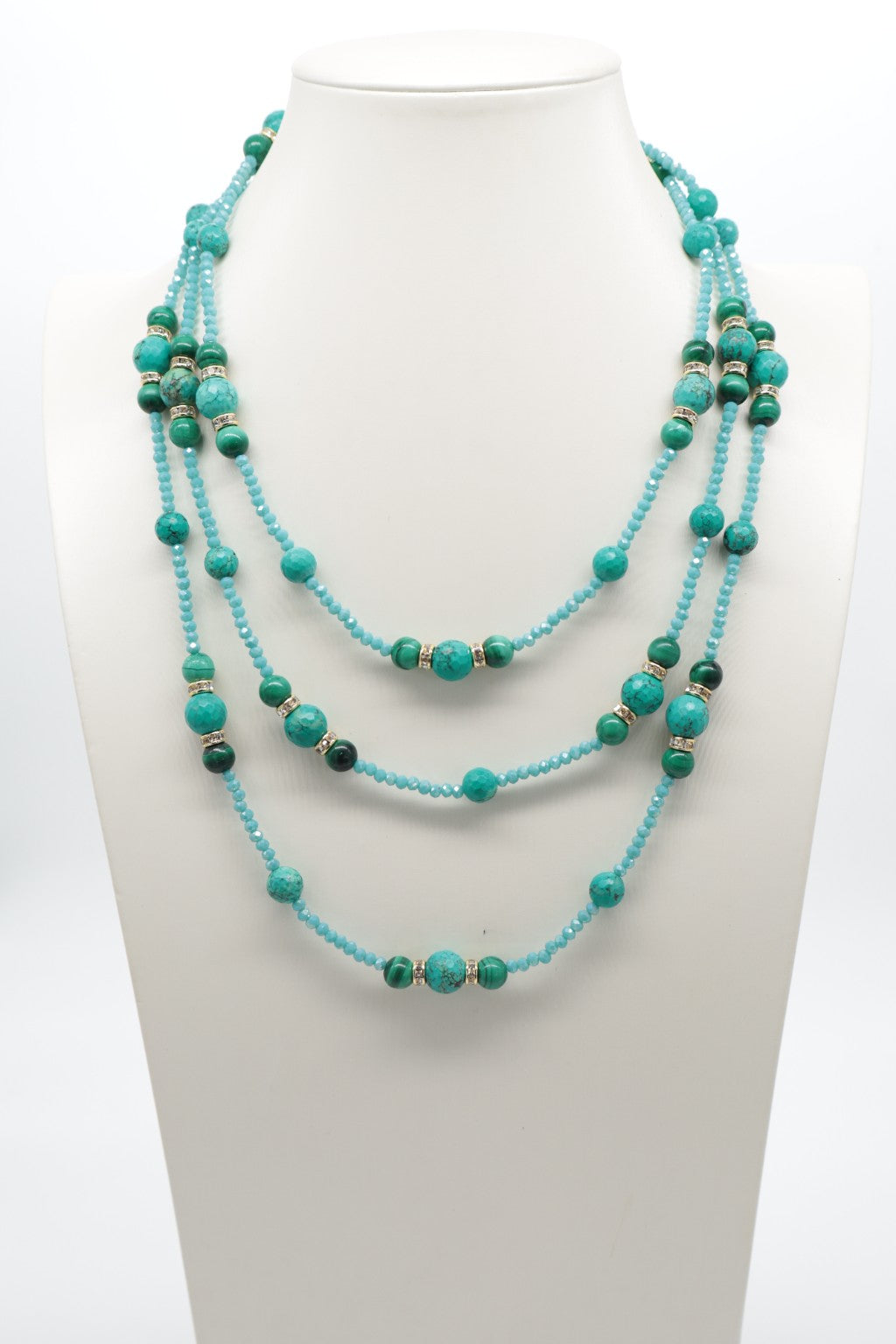 Collana Lunga 160 cm in Turchese Stabilizzato, Malachite e Cristalli Sfaccettati