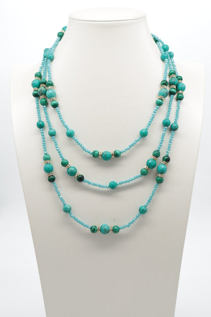 Collana Lunga 160 cm in Turchese Stabilizzato, Malachite e Cristalli Sfaccettati