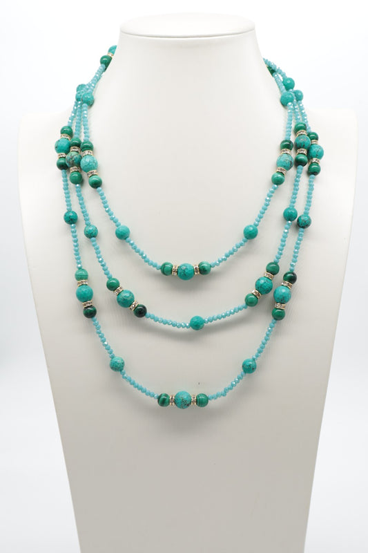 Collana Lunga 160 cm in Turchese Stabilizzato, Malachite e Cristalli Sfaccettati