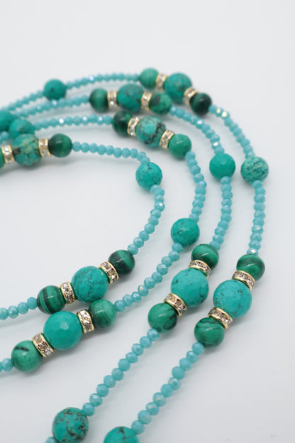 Collana Lunga 160 cm in Turchese Stabilizzato, Malachite e Cristalli Sfaccettati