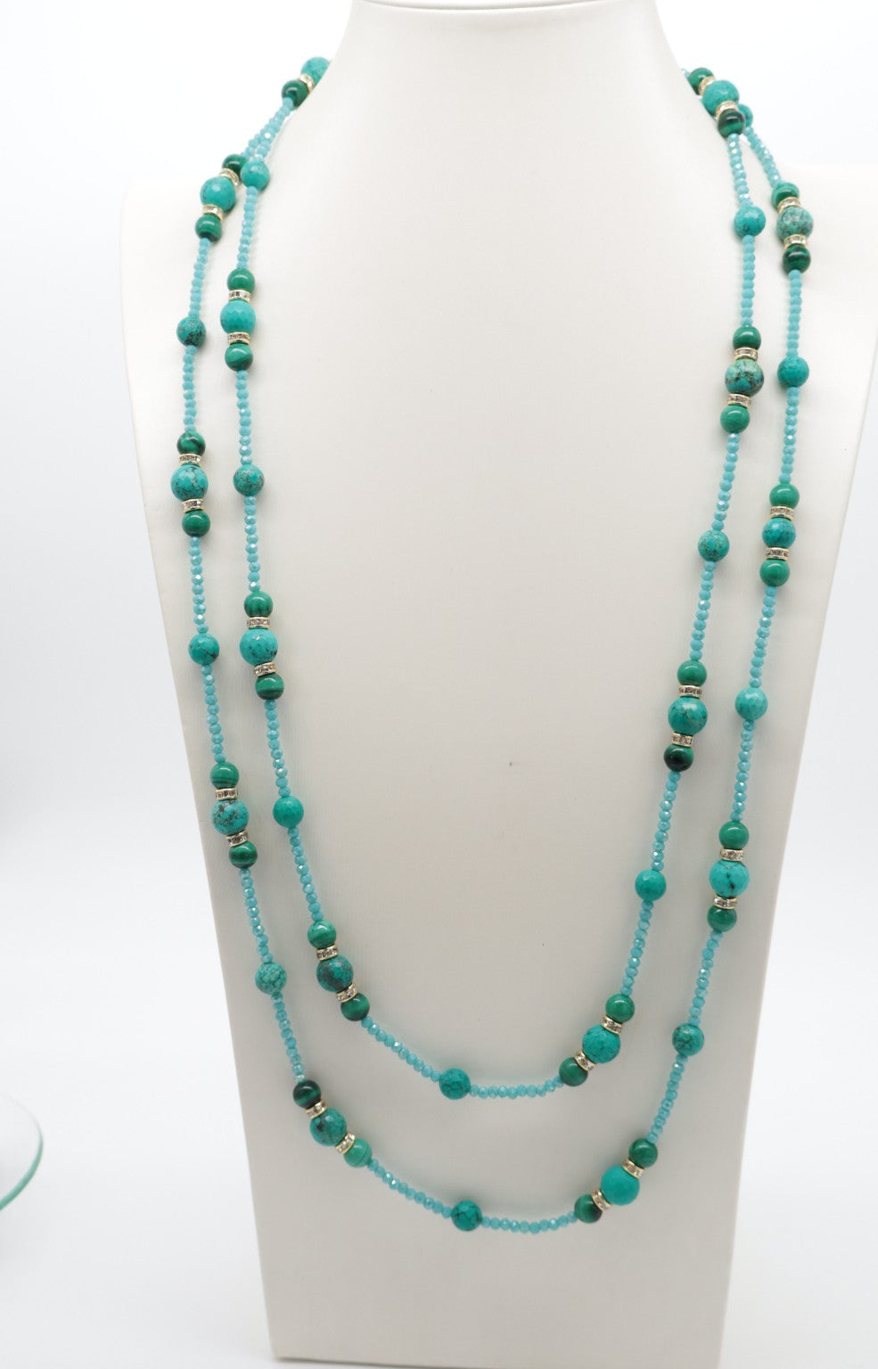 Collana Lunga 160 cm in Turchese Stabilizzato, Malachite e Cristalli Sfaccettati