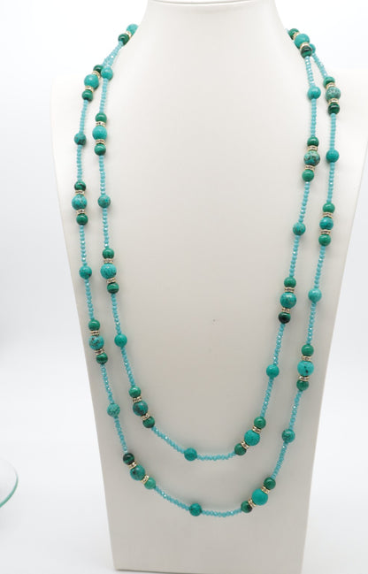 Collana Lunga 160 cm in Turchese Stabilizzato, Malachite e Cristalli Sfaccettati