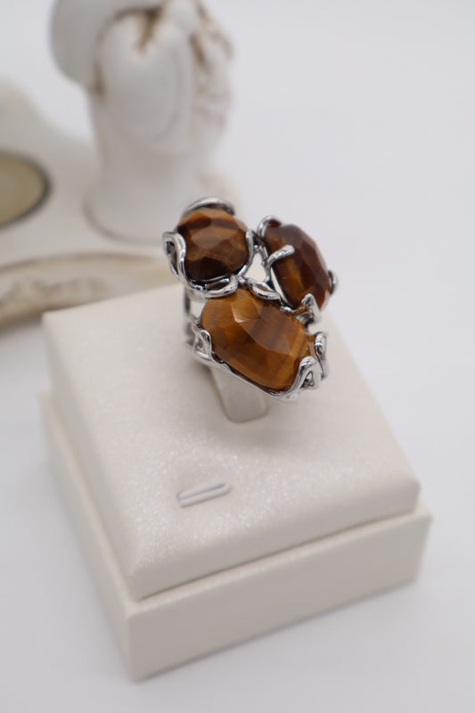 Anello Maxi Cocktail in Bronzo Rodiato con Occhio di Tigre