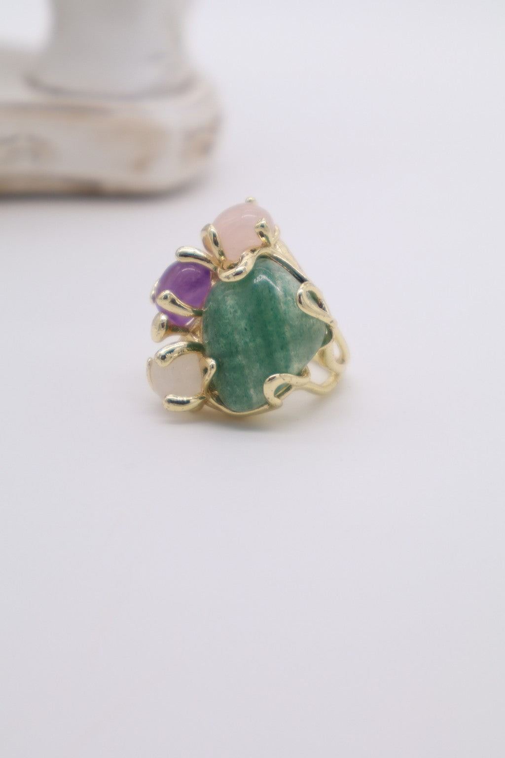 Anello Cocktail Floreale in Bronzo Dorato con Aventurina Verde, Quarzo Rosa