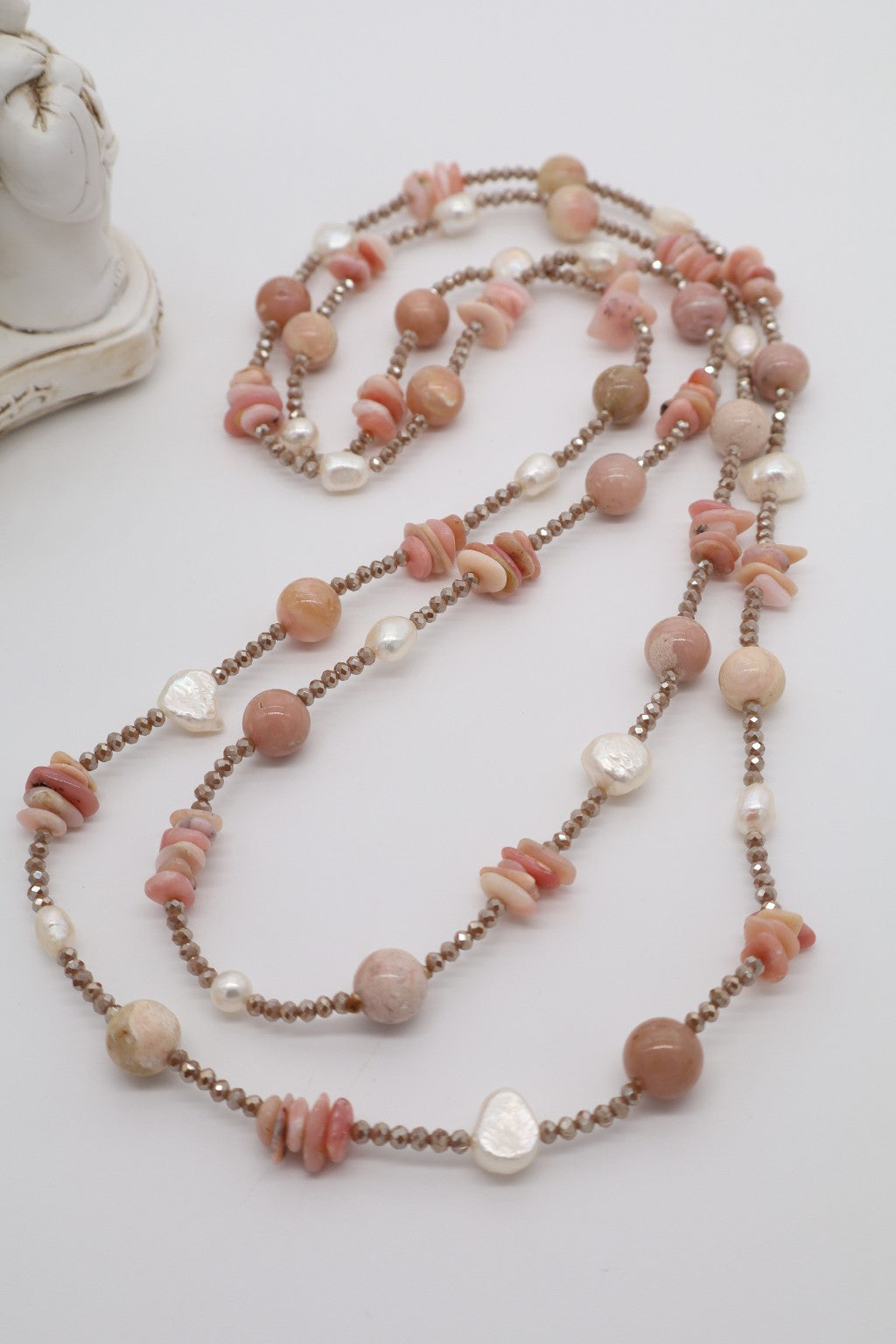 Collana Lunga 160 cm in Opale Rosa, Perle di Fiume e Cristalli Champagne