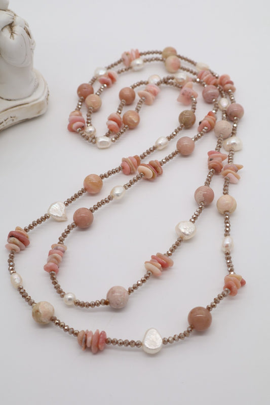 Collana Lunga 160 cm in Opale Rosa, Perle di Fiume e Cristalli Champagne