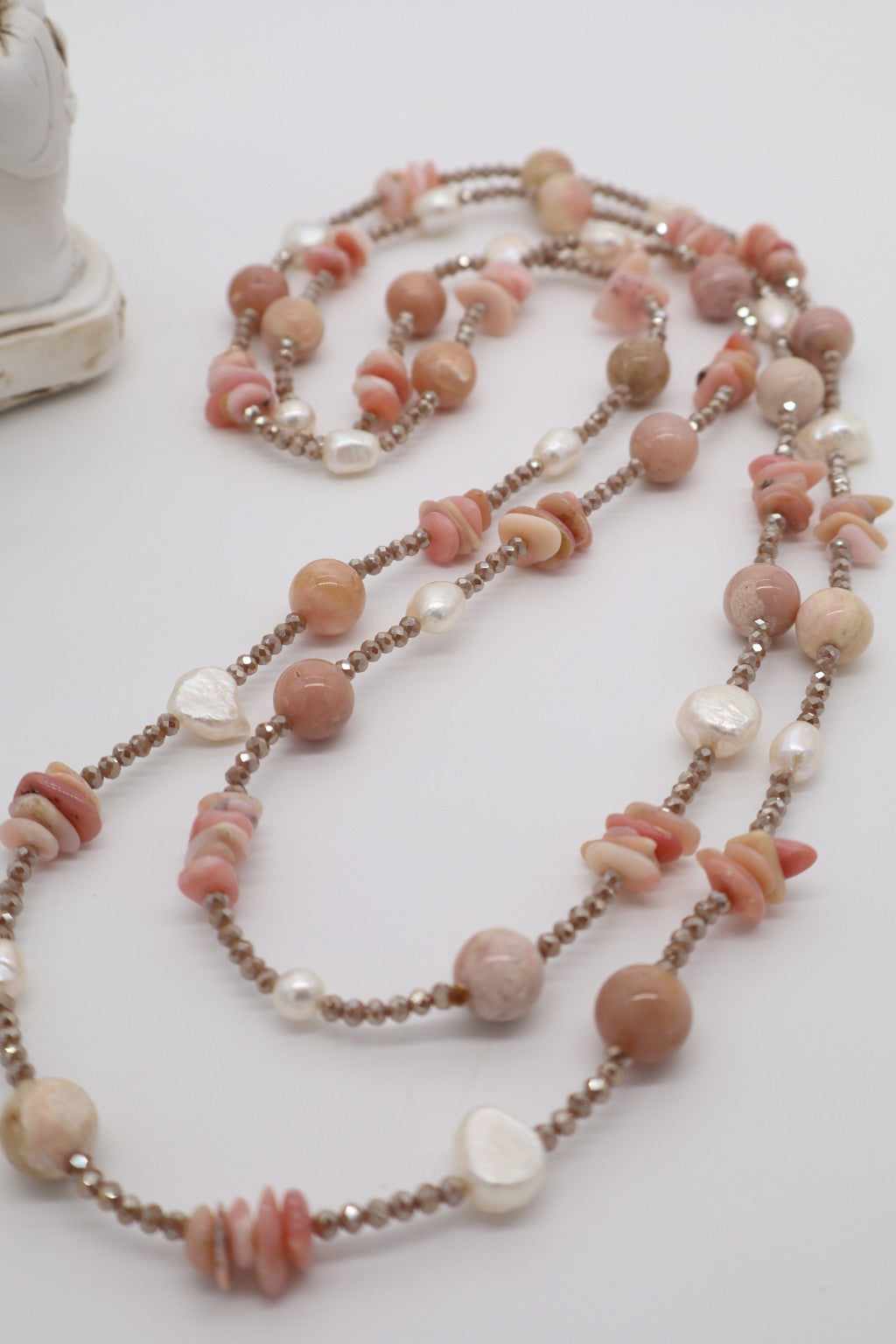 Collana Lunga 160 cm in Opale Rosa, Perle di Fiume e Cristalli Champagne