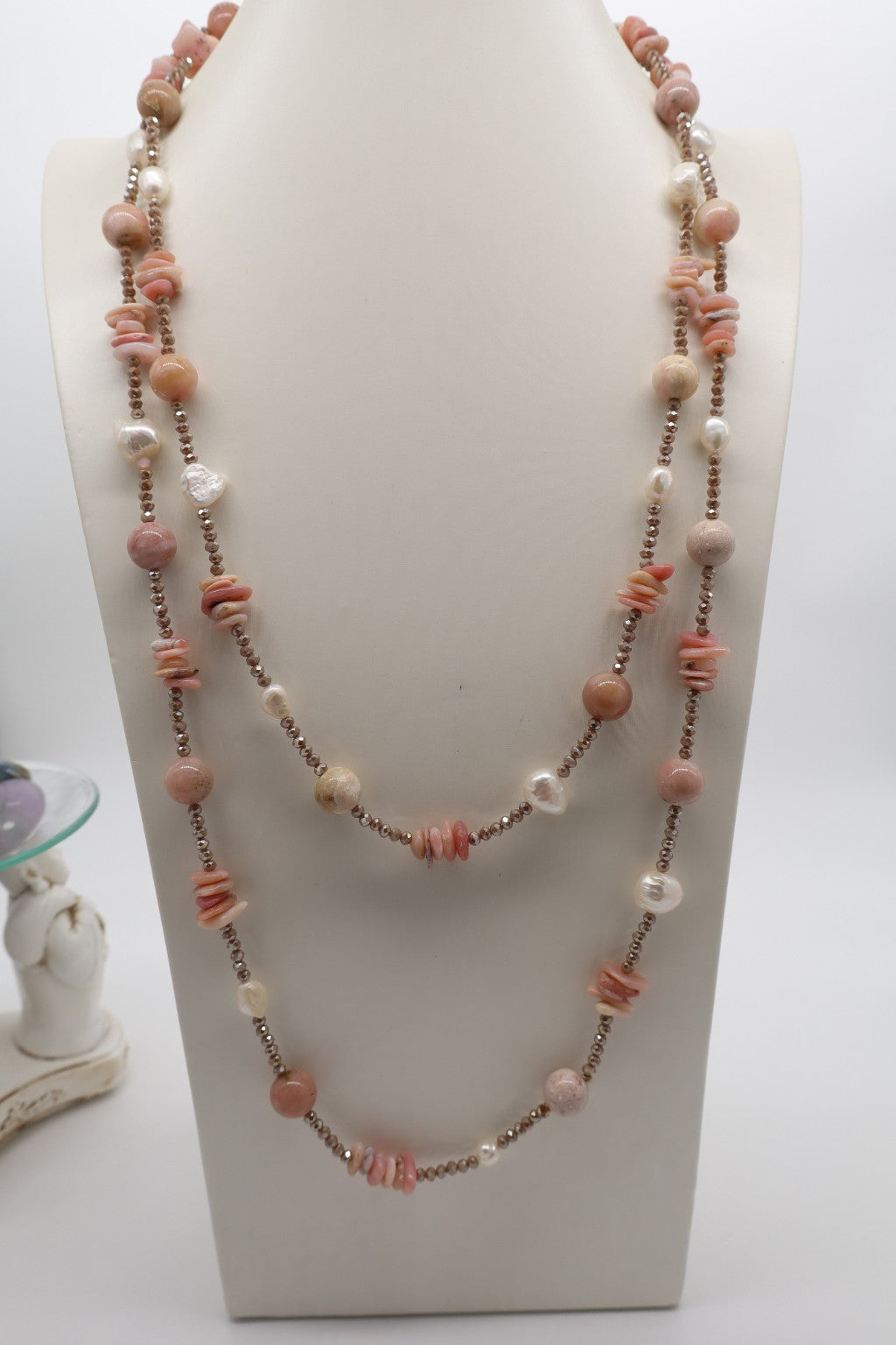 Collana Lunga 160 cm in Opale Rosa, Perle di Fiume e Cristalli Champagne