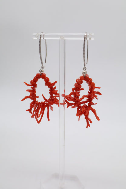 Boucles d'oreilles en corail rouge naturel avec crochet en argent 925 et zircons