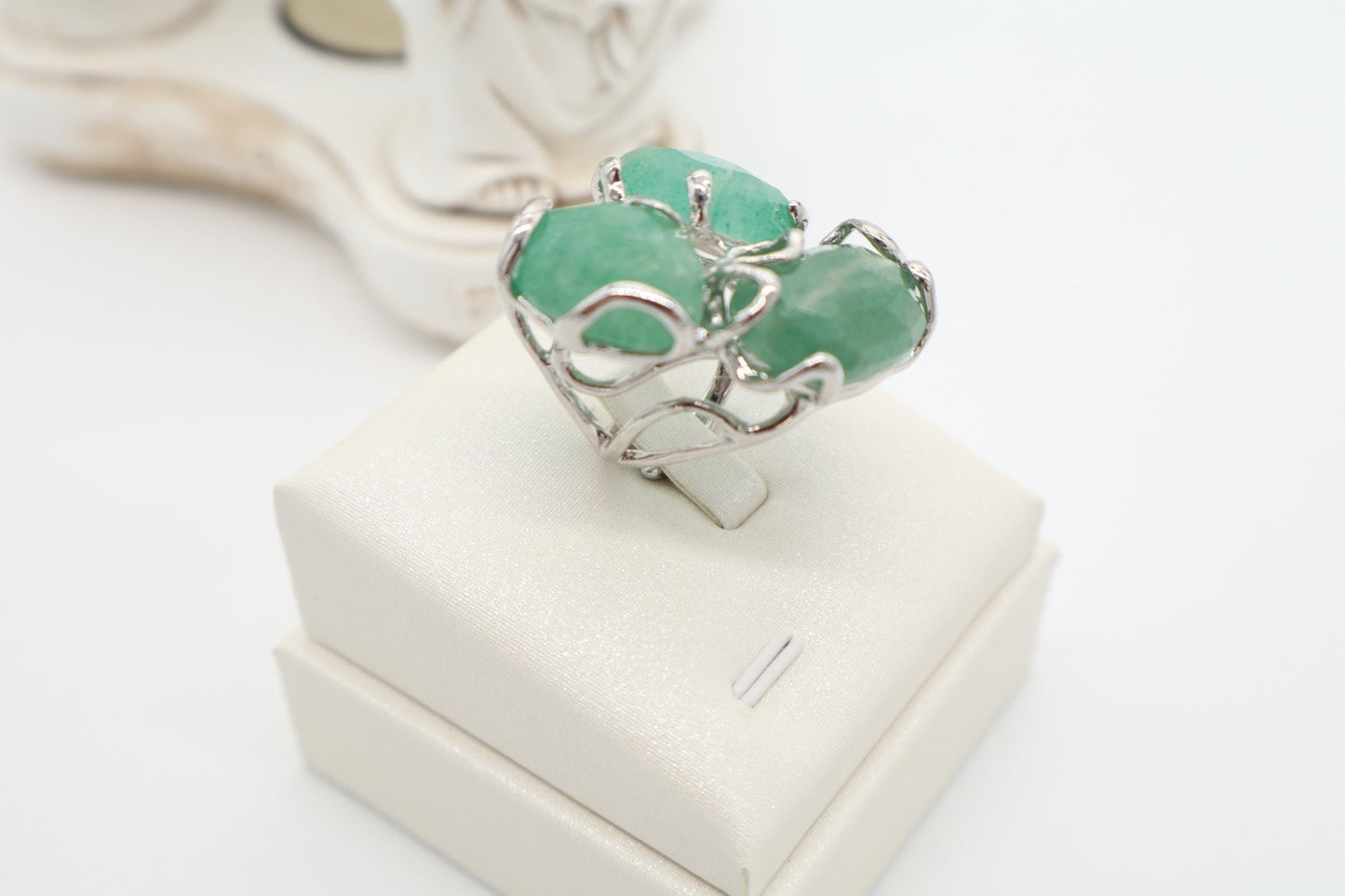 Anello Cocktail Scultoreo in Bronzo Rodiato con Aventurina Verde